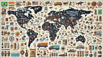 visually representing the top production items of 150 countries with icons and labels